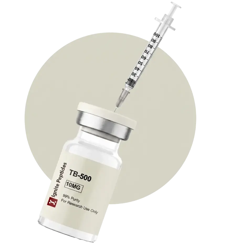 A syringe needle inserted into the rubber stopper of a 10mg TB-500 peptide vial for research purposes.