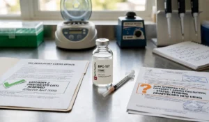 Lab desk showing BPC-157 in 2026 regulatory documents, research vial, syringe, and medical equipment.
