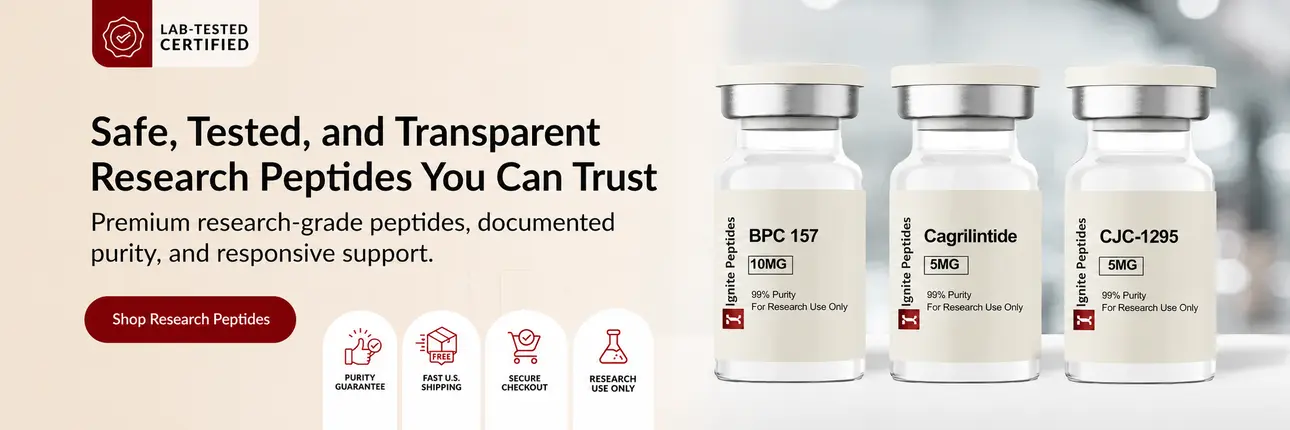 Lab-tested research peptides including BPC-157, and CJC-1295 with documented purity from Ignite Peptides