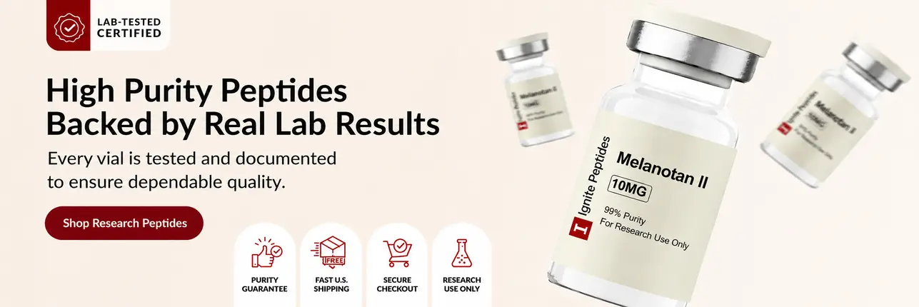 High-purity research peptides by Ignite Peptides with lab-tested certification and MT2 vial
